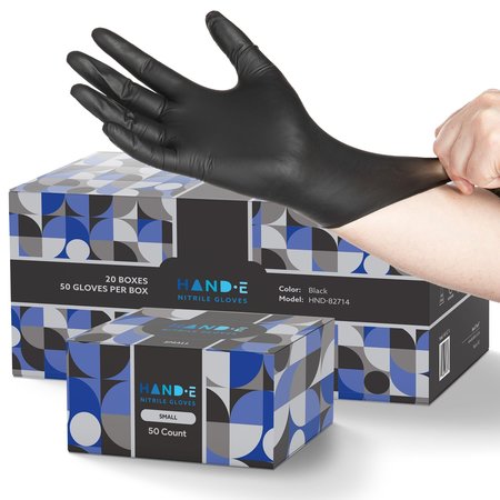 Hand-E Nitrile Disposable Gloves, 3 mil Palm, Nitrile, Powder-Free, S, 20 PK, Black HND-82714